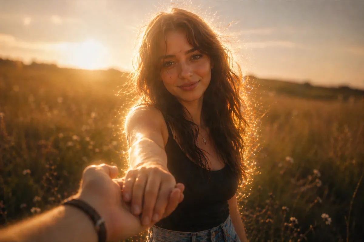 Two people embracing in a field
