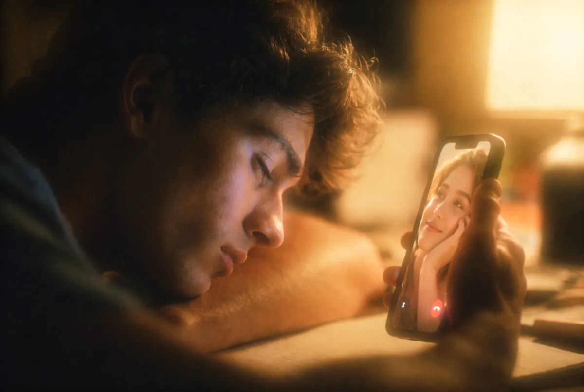 Two people sitting close together in warm light